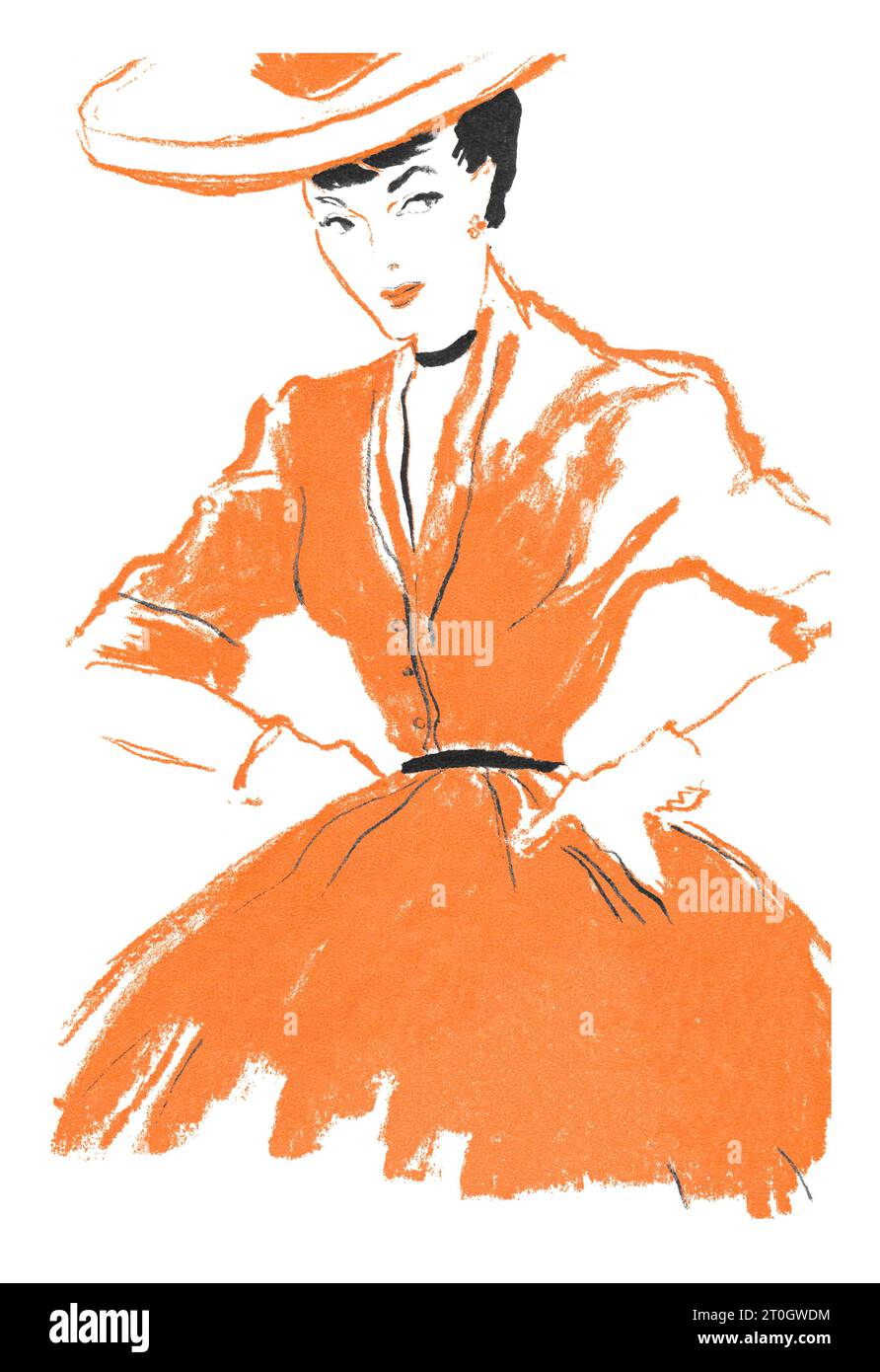 Vintage-Mode-Illustration einer Dame mit orangefarbenem Hut und Kleid. Details aus einer 1949er britischen Brevitt Shoes Werbespot. Stockfoto