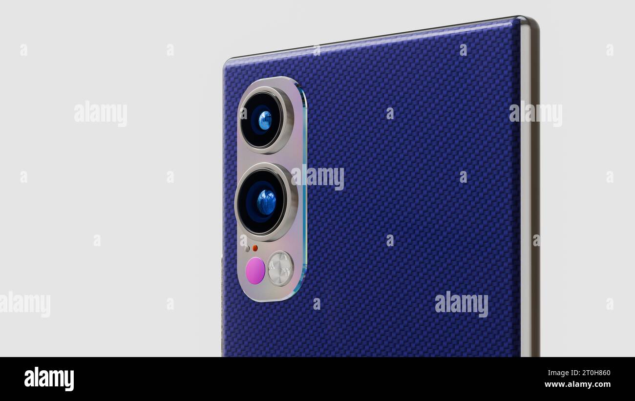 Nahaufnahme eines blauen Telefons mit Dual Camera 3D Rendering Stockfoto