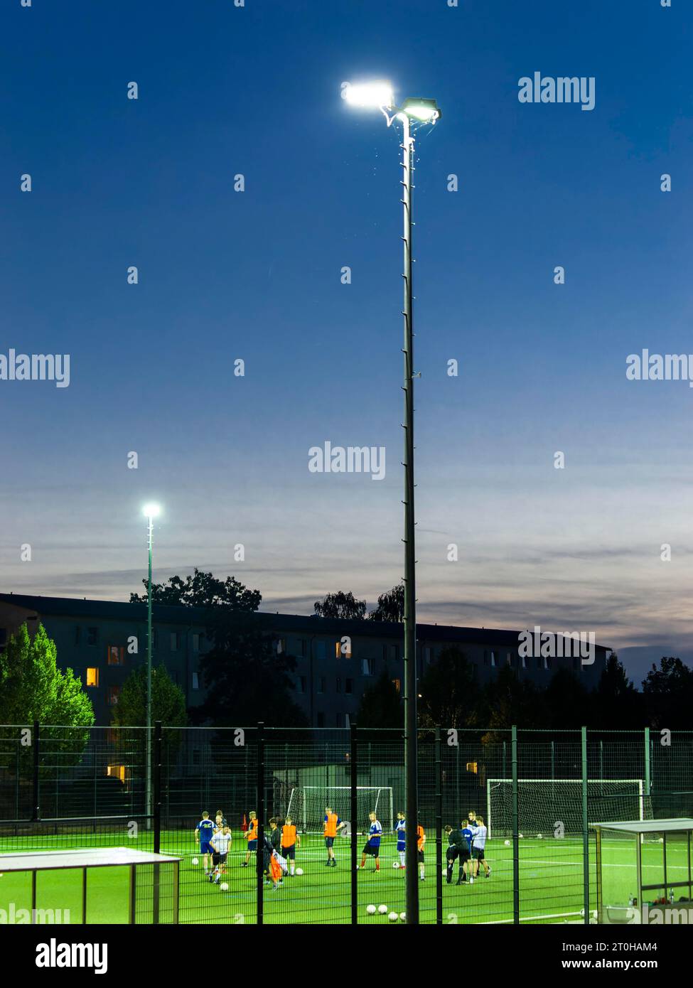 Fußballplatz und Fußballspiel, Training, künstlich beleuchtet, Flutlicht, Lübbenau, Brandenburg, Deutschland Stockfoto