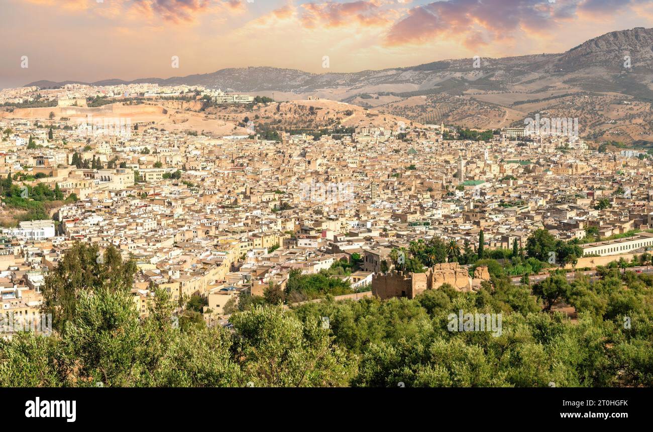 Wunderschöner Panoramablick auf die alte Medina in Fes, Marokko (Fes El Bali Medina), ein Meer von Gebäuden in Erdtönen. Es ist ein belebtes Labyrinth des Lebens Stockfoto
