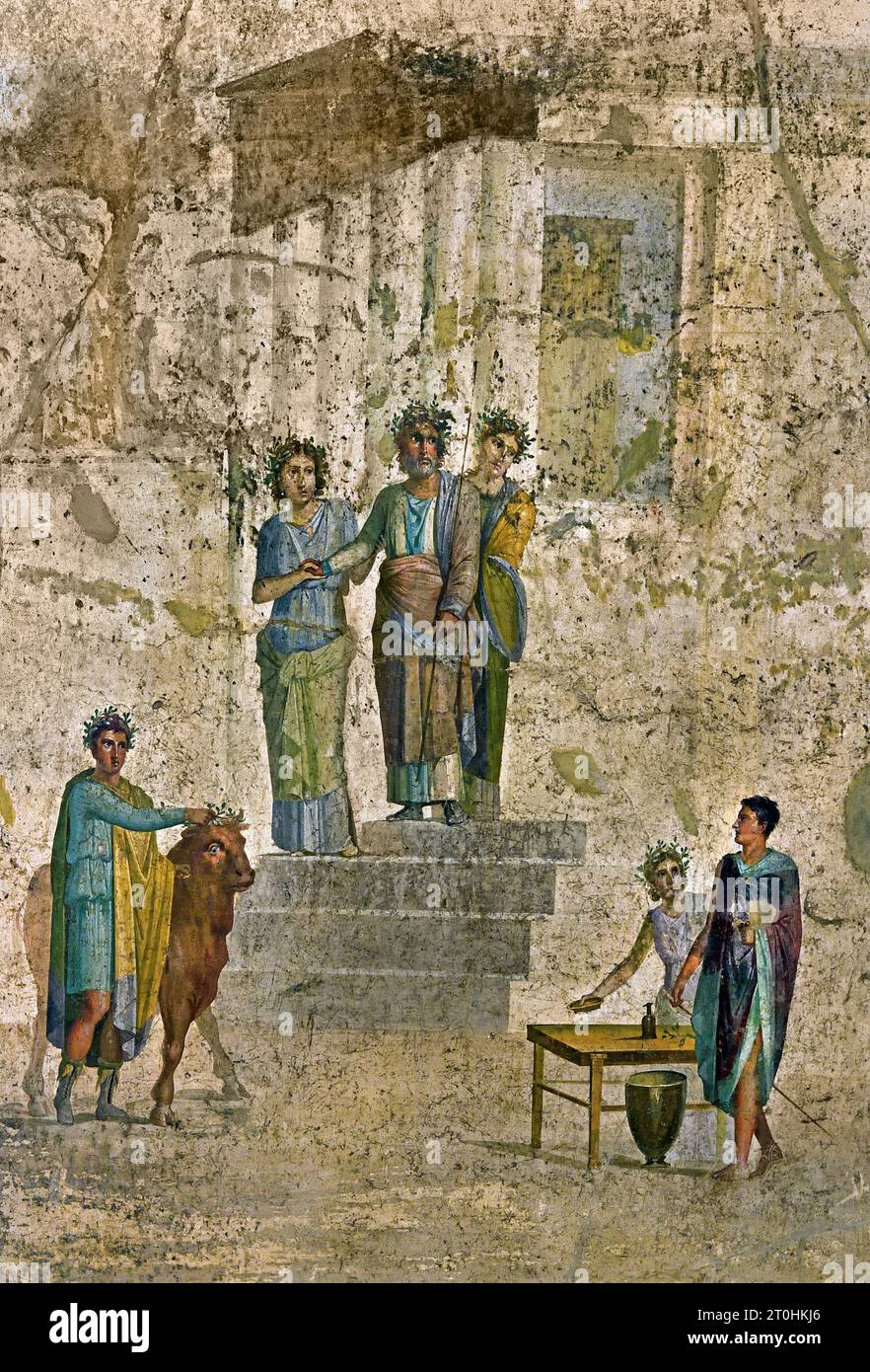 Begegnung zwischen Pelias und Jason. Pelias, König von Iolcos, steht auf den Stufen eines Tempels und erkennt Jason an seiner fehlenden Sandale. Die römische Stadt Fresco Pompeji befindet sich in der Nähe von Neapel in der Region Kampanien in Italien. Pompeji wurde bei der Eruption des Vesuvs 79 n. Chr. unter 4-6 m vulkanischer Asche und Bimsstein begraben. Italien Stockfoto