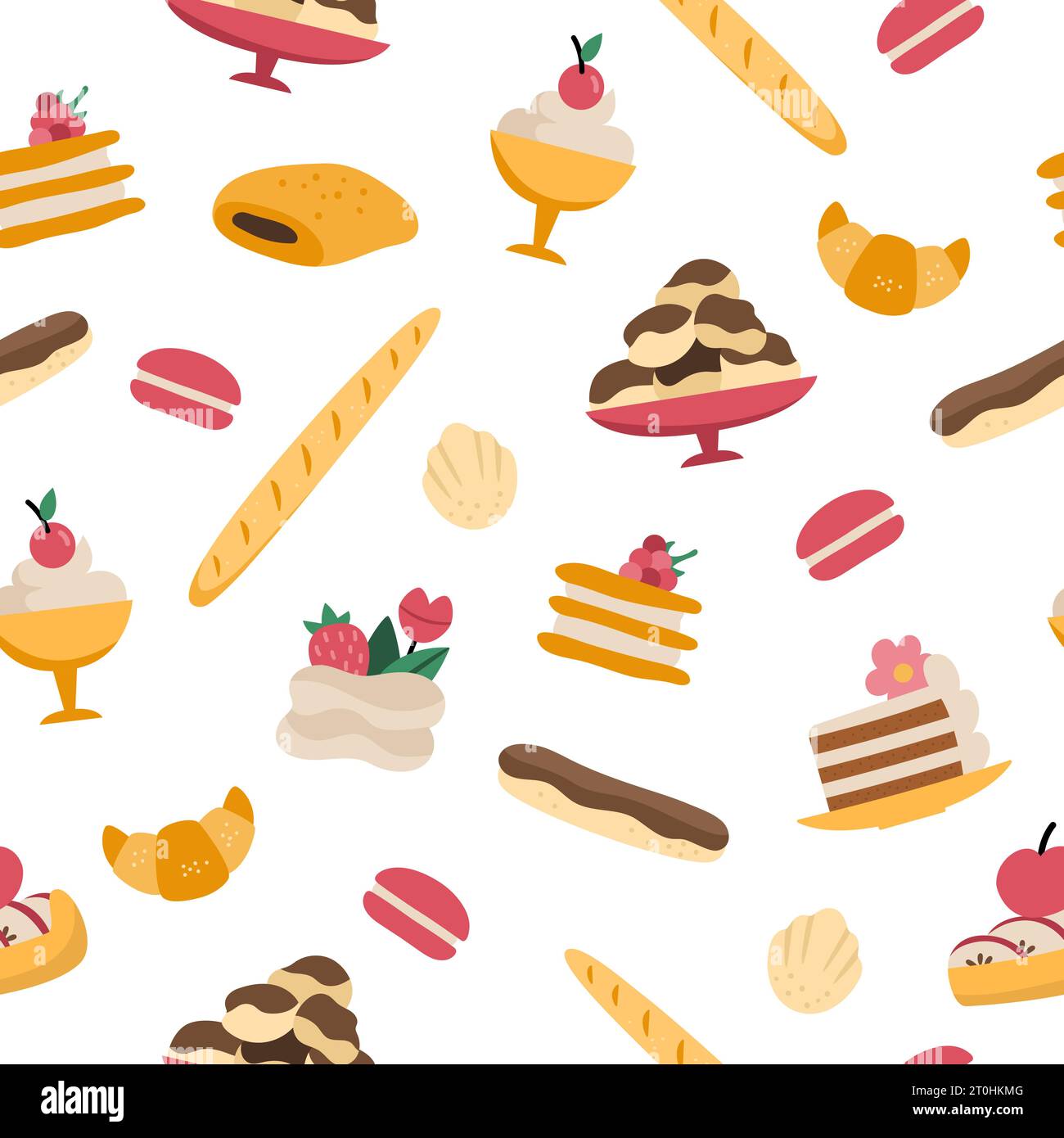 Französisches Dessertvektor nahtloses Muster. Wiederholen Sie den Hintergrund mit Baguette, Croissant, Eclair, Keks, Kuchen. Süße Bäckerei von Frankreich Digitalpapier mit pi Stock Vektor