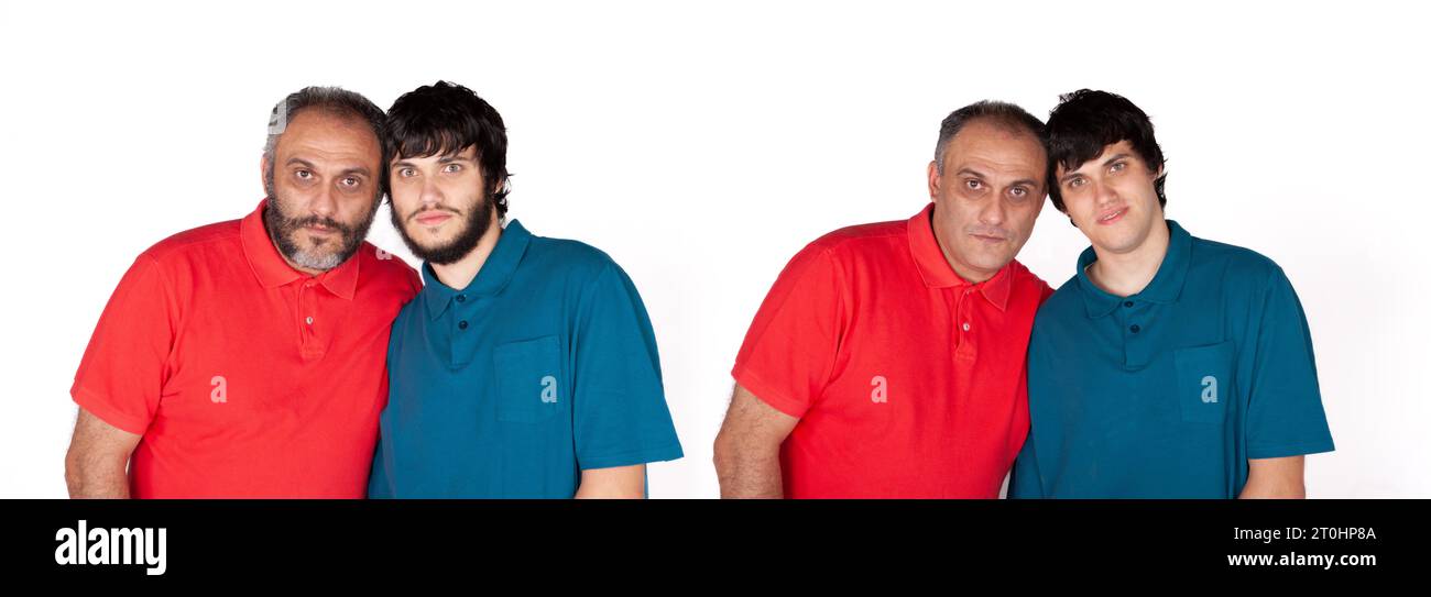 Zwei unrasierte und rasierte vor und nach Männern, die Kopf an Kopf auf weißem Hintergrund stehen Stockfoto