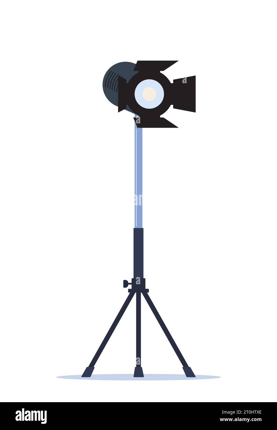Kino-Spotlight. Lampenprojektor auf einem Stativ. Lichtquelle, Studio-Beleuchtung. Ausrüstung zum Filmen. Vektorabbildung Stock Vektor