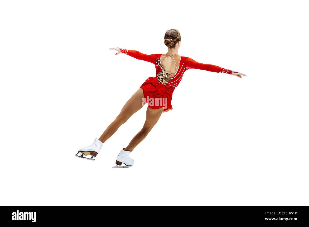 Eiskunstlauf-Single, hinteres Mädchen Eiskunstläuferin in rotem Kleid isoliert auf weißem Hintergrund Stockfoto