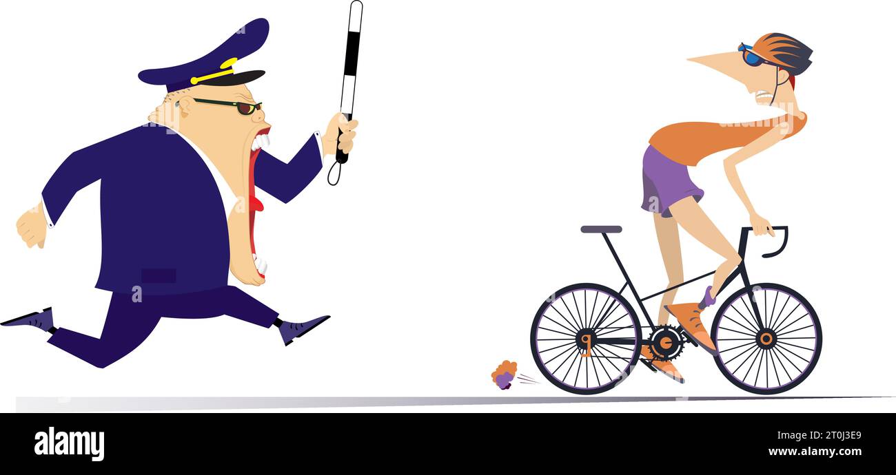 Wütender Verkehrspolizist, der dem Radfahrer hinterher läuft. Verängstigter Radfahrer, der versucht, vor dem schreienden wütenden Verkehrspolizisten zu reiten. Isoliert Stock Vektor