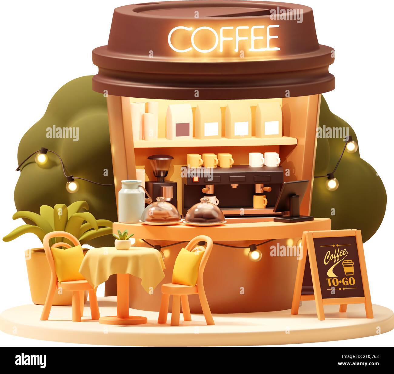 Vektor kleine Kaffeekabine oder Kiosk. Coffee To Go-Stand in der Tasse, Kaffeemaschine und Mahlwerk, Tisch im Freien, Sitze, Theke, Kasse und Menü Stock Vektor