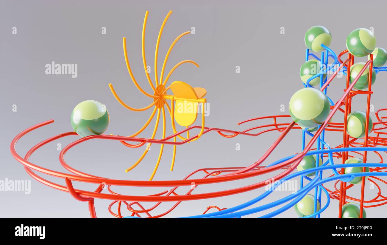 Bunte Stahlbahn rollende Kugel Skulptur mit schlichtem Hintergrund. Maschine mit kinetischem Draht und Marmor. Stockfoto