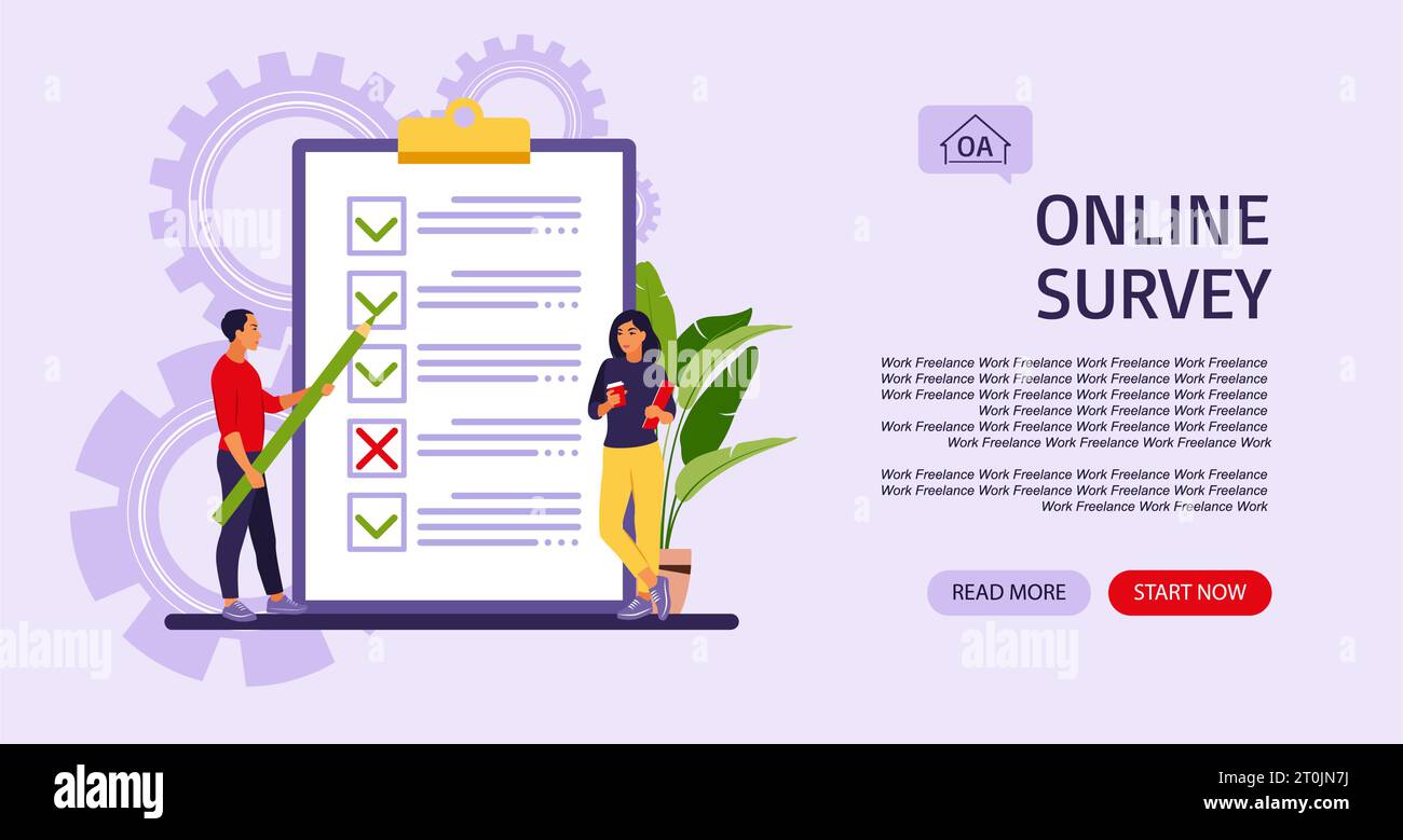 Umfrage zur Kundenzufriedenheit. Landing Page. Stück Papier mit Zecken und Kreuzen. Vektorgrafik. Flacher Style Stock Vektor