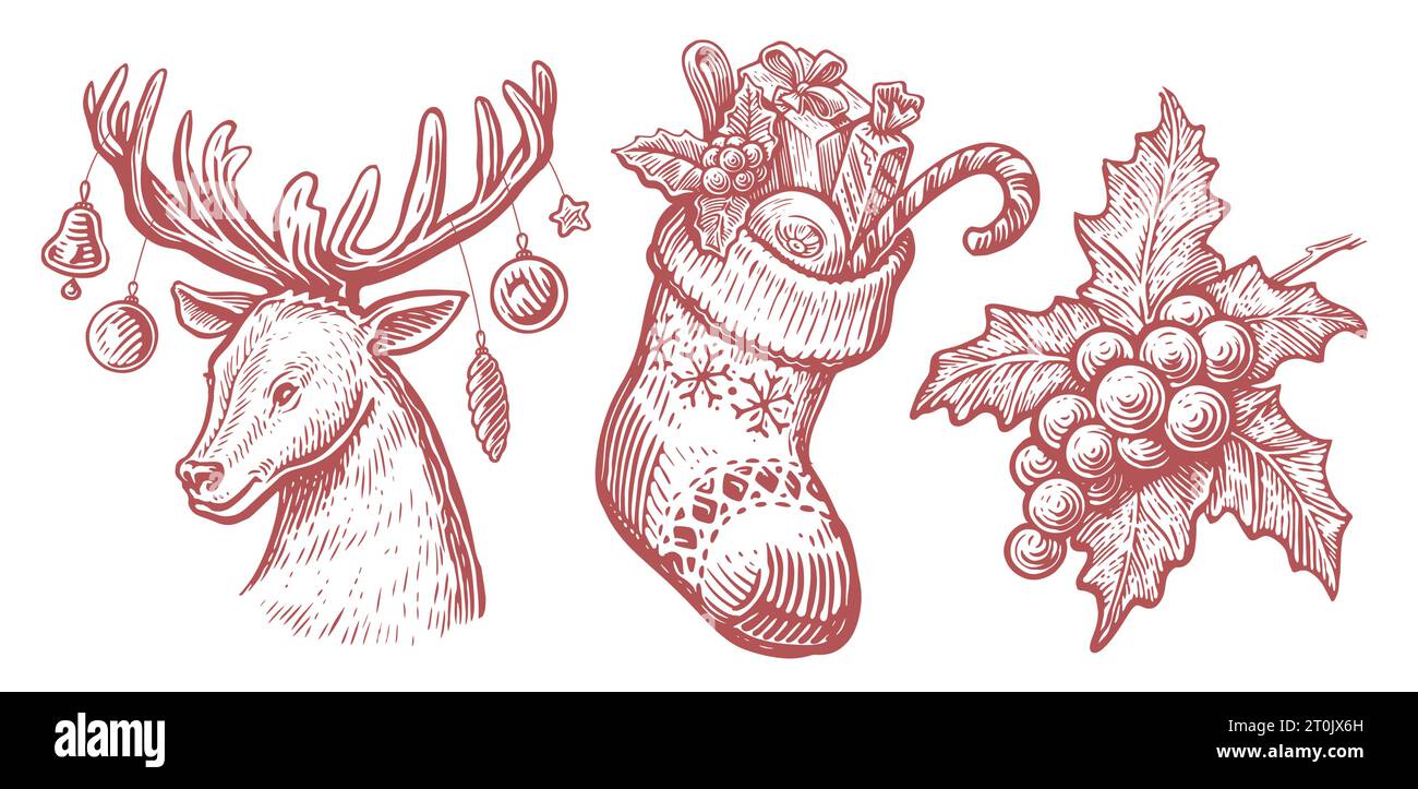Hirsch mit Weihnachtsdekoration, Socke mit Geschenken, stechpalmenbeeren. Vintage Skizze Vektor Illustration Gravur Stil Stock Vektor