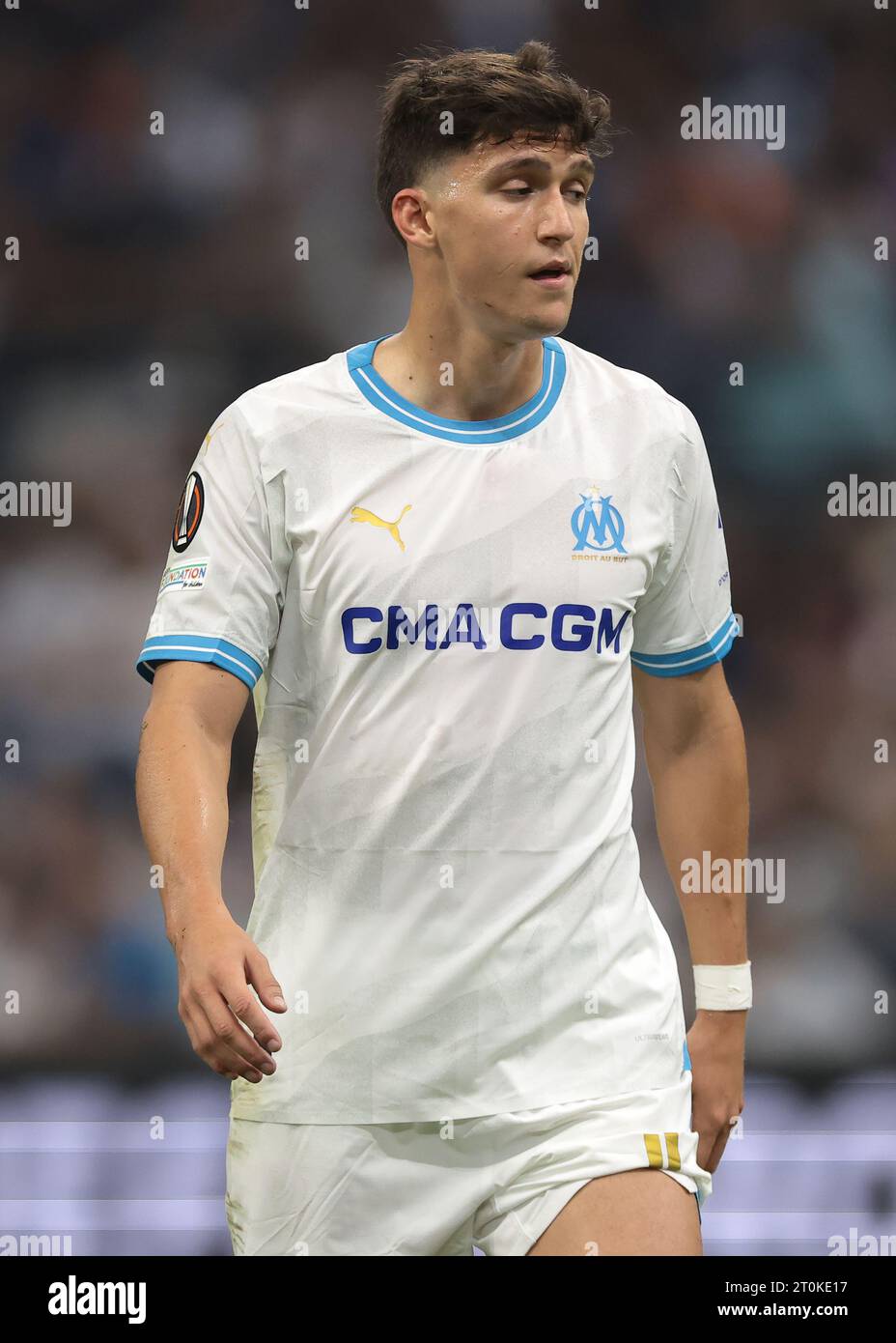 Marseille, Frankreich. Oktober 2023. Leonardo Balerdi von Olympique de Marseille reagiert beim Spiel der UEFA Europa League im Stade de Marseille. Der Bildnachweis sollte lauten: Jonathan Moscrop/Sportimage Credit: Sportimage Ltd/Alamy Live News Stockfoto