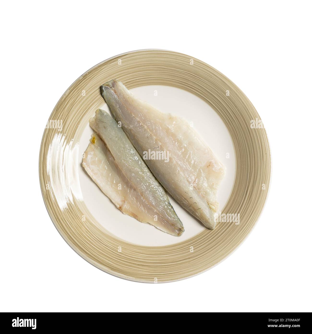 Ein Gericht mit zwei Seebrassen-Filets auf transparentem Hintergrund Stockfoto