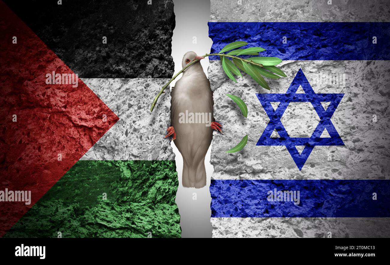 Palästina- und Israel-Krise als geopolitischer Konflikt und Krieg zwischen dem palästinensischen und israelischen Volk und Sicherheitskonzept und -Kampf im Nahen Osten Stockfoto