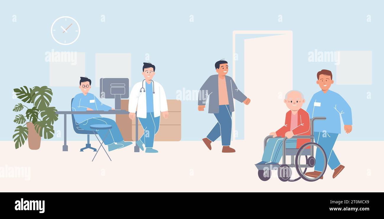 Krankenhaus Szene Lobby Rezeptionist Patient wartet in Korridor Illustration für Arzt Klinik für Gesundheitswesen Behandlung Stock Vektor
