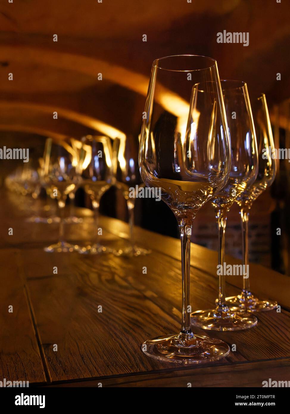 Kristall, Sektgläser bereit für Weinproben im dunklen alten Kellerraum auf Eichenholztisch. Polen Stockfoto