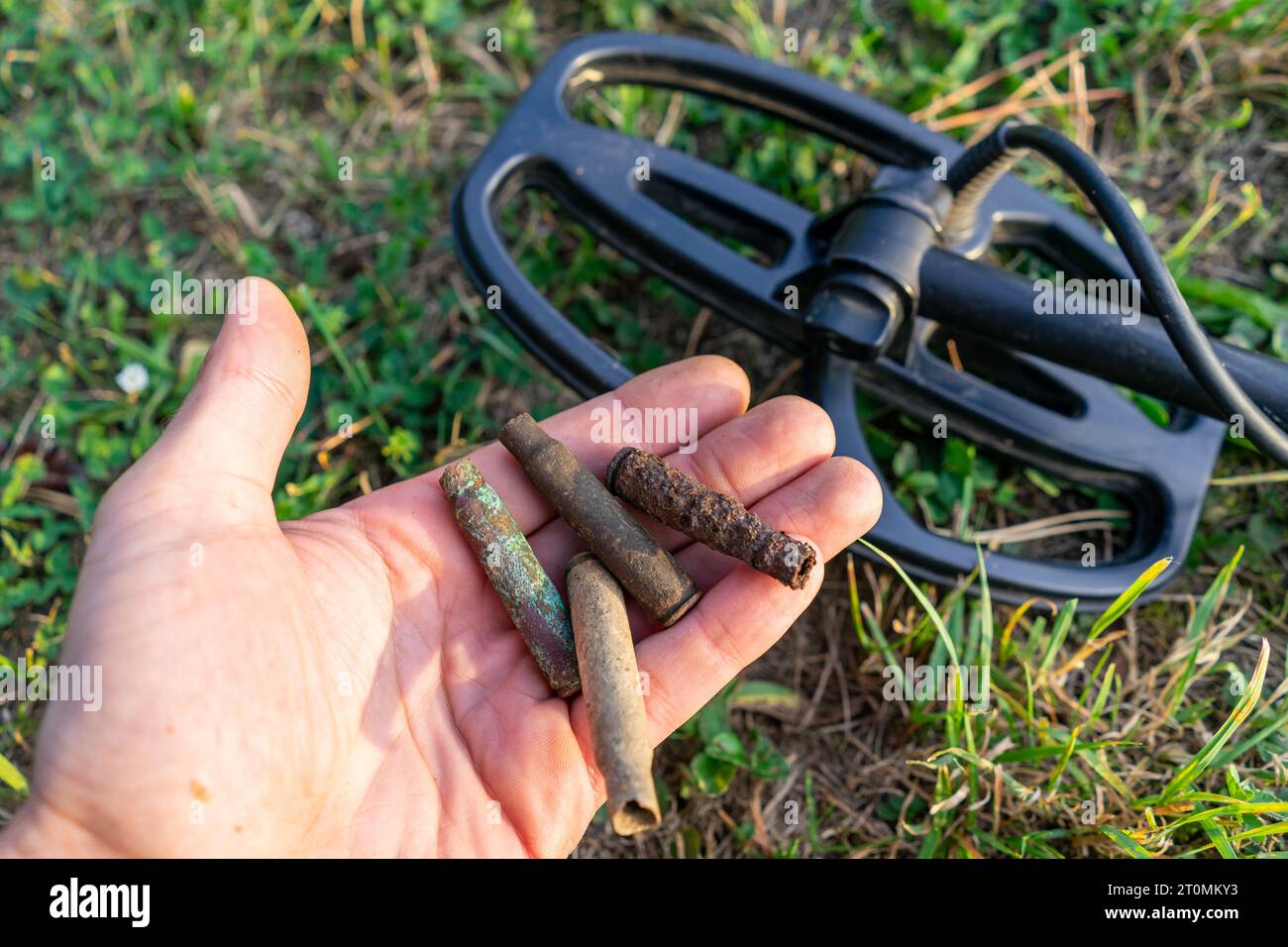 Der Mann hält alte Patronen für ein Pfund mit dem Metalldetektor in der Hand Stockfoto