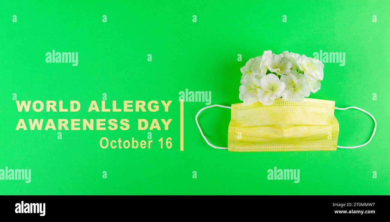 Weltallergie-Awareness-Tag am 16. Oktober. Poster mit weißer Inschrift, gelber Chirurgenmaske und weißen Blumen auf leuchtendem hellgrünem Grün Stockfoto