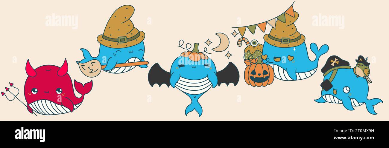 Set von Kawaii Halloween Wal. Sammlung von niedlichen Vektor Halloween Meerestier Illustrationen Stock Vektor