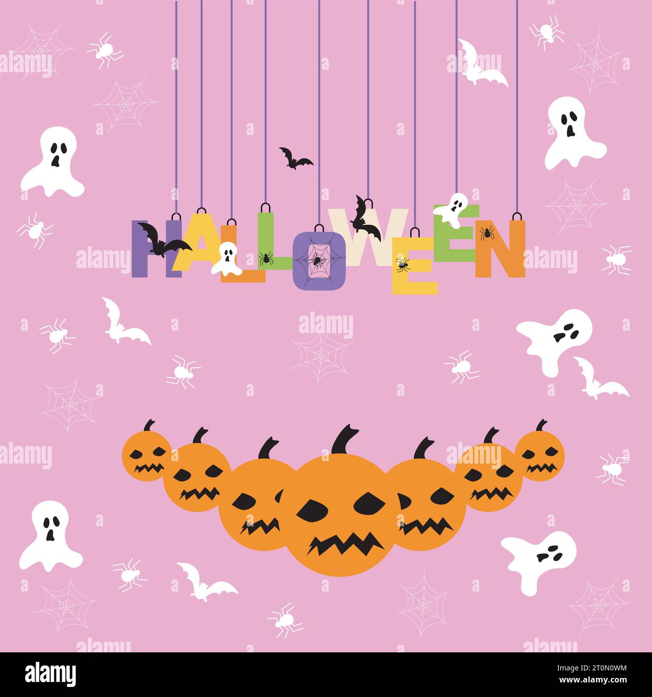 halloween Bunte hängende Wort Typografie mit Kürbis, Fledermaus und Spinne mit rosa Hintergrund Stock Vektor