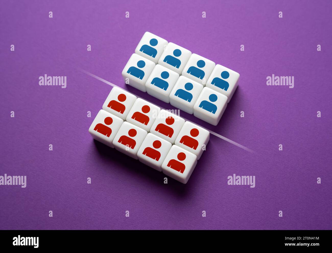 Aufteilung in zwei Gruppen. Oppositionsfraktionen. Mangelnder Konsens. Ideologischer Konflikt. Rivalität zur Verbesserung der Arbeitseffizienz. Aufteilen, aufteilen. Co Stockfoto