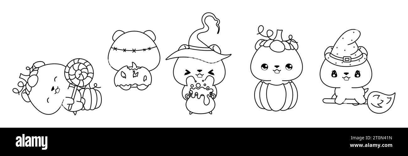Set von Vektor Halloween Hamster Malseite. Sammlung von Kawaii Halloween Nagetier Outline. Stock Vektor