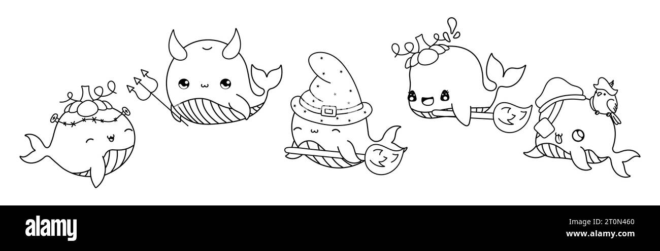 Set der Kawaii Halloween Wal Malseite. Sammlung von niedlichen Vektor Halloween Tier Outline. Stock Vektor
