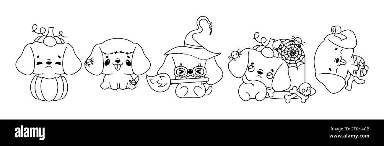 Set mit Kawaii Halloween Beagle Dog Malseite. Sammlung von niedlichen Vektor Halloween Hund Outline Stock Vektor