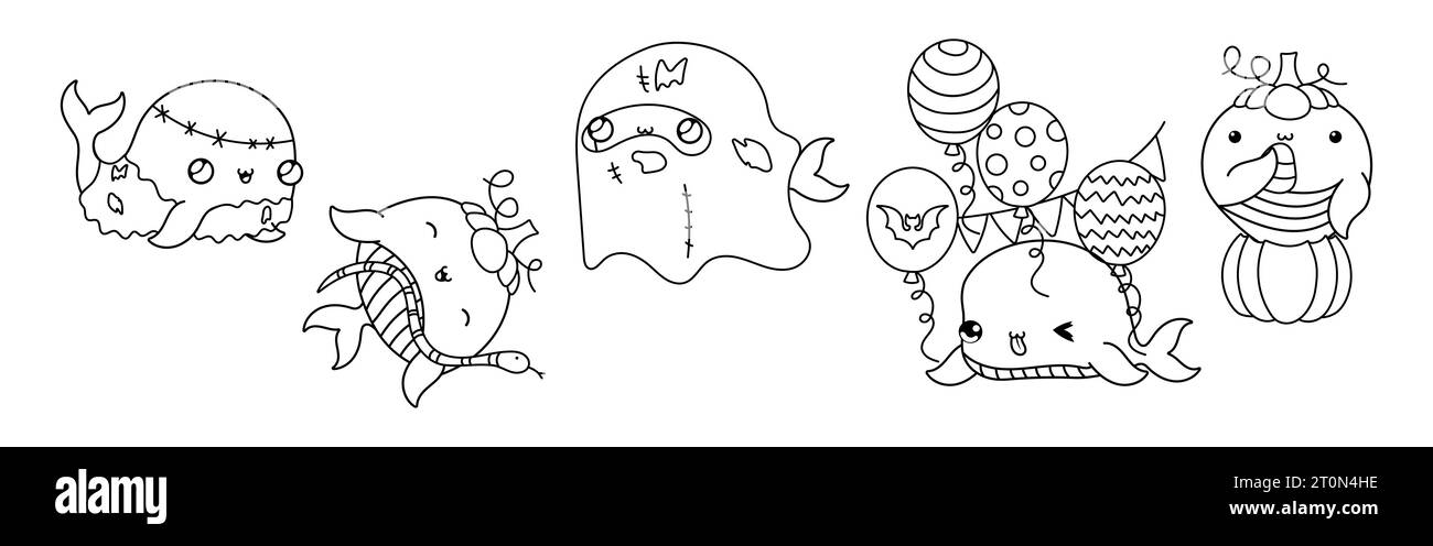 Set von Vektor Halloween Whale Maling Seite. Kollektion von Kawaii Halloween Marine Animal Outline. Stock Vektor