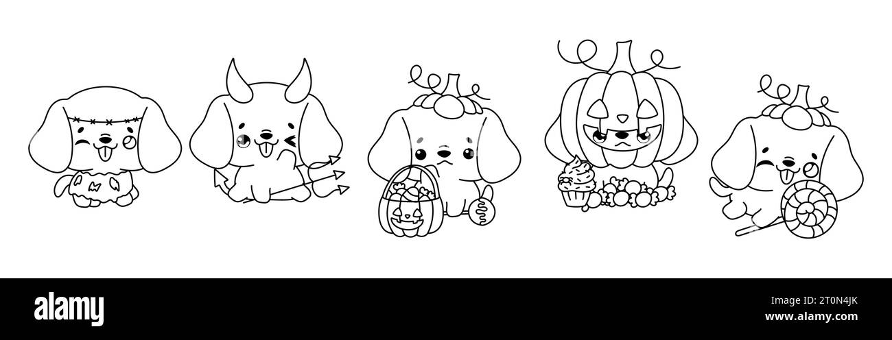 Sammlung von Vektor Halloween Beagle Dog Outline. Set mit isolierter Halloween-Hündchen-Ausmalseite Stock Vektor