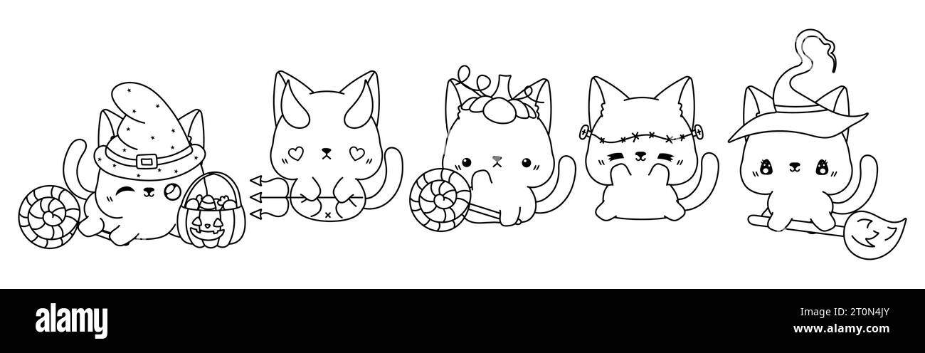 Set mit Kawaii Halloween Siamkatze Malseite. Sammlung von Vektor Halloween Tier Outline. Stock Vektor