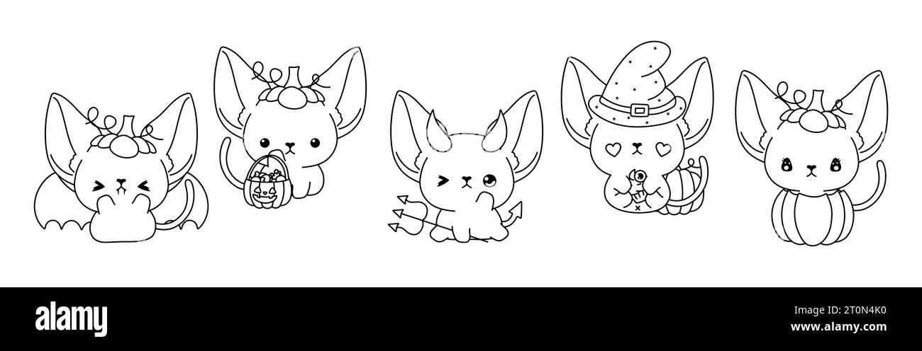 Set von Kawaii Halloween Abessinische Katze Malseite. Sammlung von Vector Halloween Cat Outline. Stock Vektor
