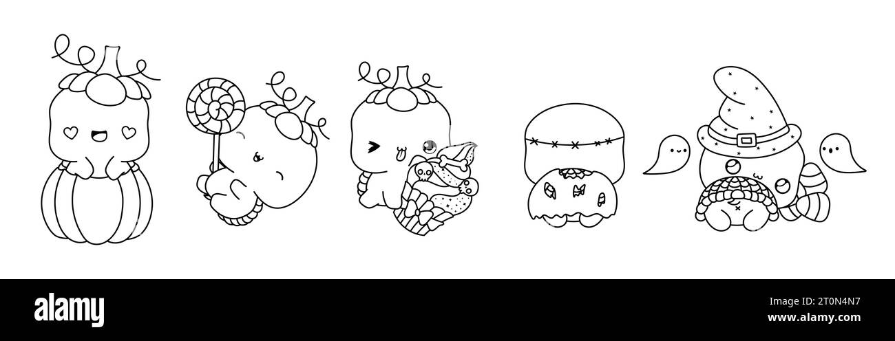 Set mit Kawaii Halloween Schildkröte Malseite. Sammlung von niedlichen Vektor Halloween Tier Outline Stock Vektor