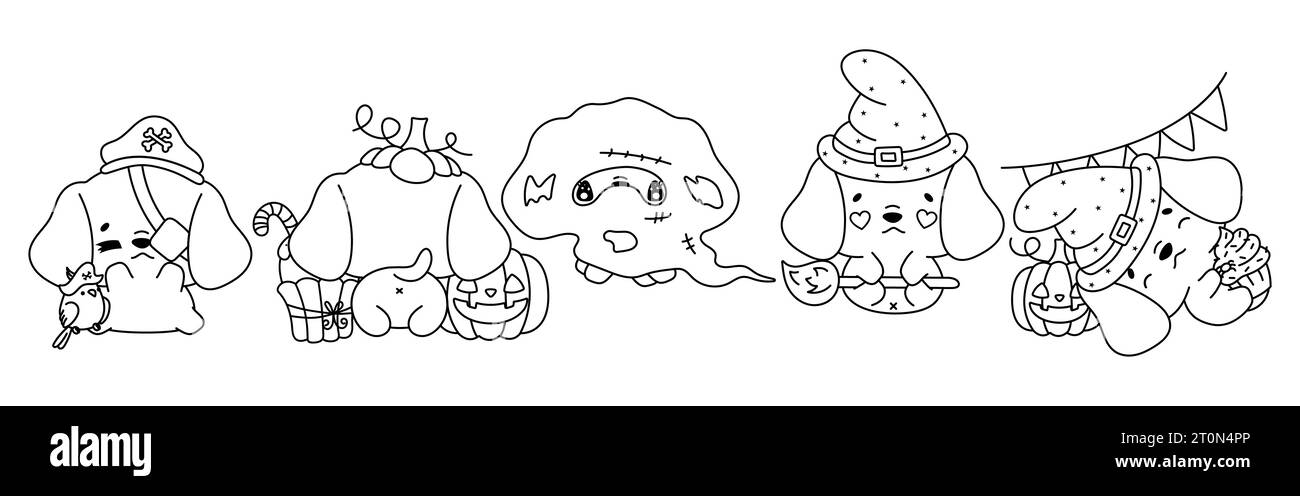 Set mit Kawaii Halloween Beagle Dog Malseite. Sammlung von niedlichen Vektor Halloween Hund Outline Stock Vektor