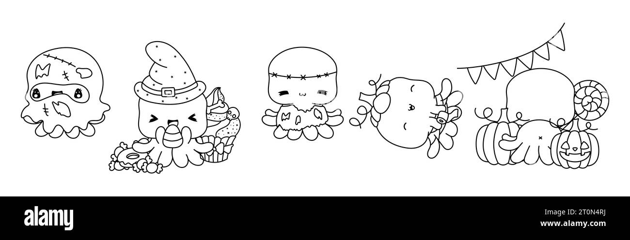 Set von Vektor Halloween Oktopus Färbung Seite. Kollektion von Kawaii Halloween Animal Outline. Stock Vektor