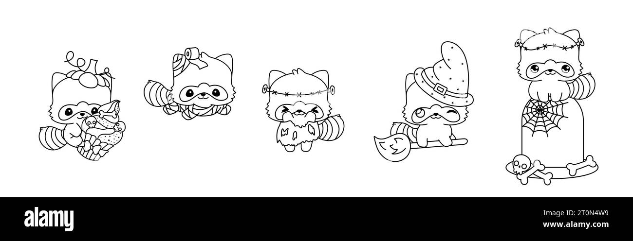 Set von Vektor Halloween Waschbär Malseite. Sammlung von Kawaii Halloween Animals Outline. Stock Vektor