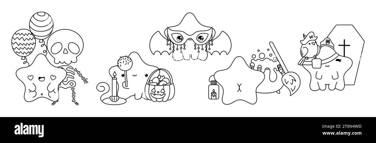 Set von Vektor Halloween Seestern Ausmalseite. Kollektion von Kawaii Halloween Marine Outline. Stock Vektor