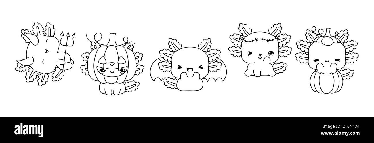 Set von Vektor Halloween Axolotl Malseite. Sammlung von Kawaii Halloween Amphibienhund Outline Stock Vektor
