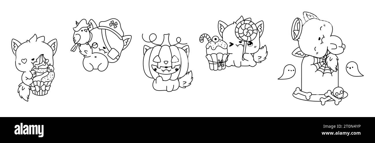 Set von Kawaii Halloween Wolf Malseite. Sammlung von niedlichen Vektor Halloween Tier Outline. Stock Vektor