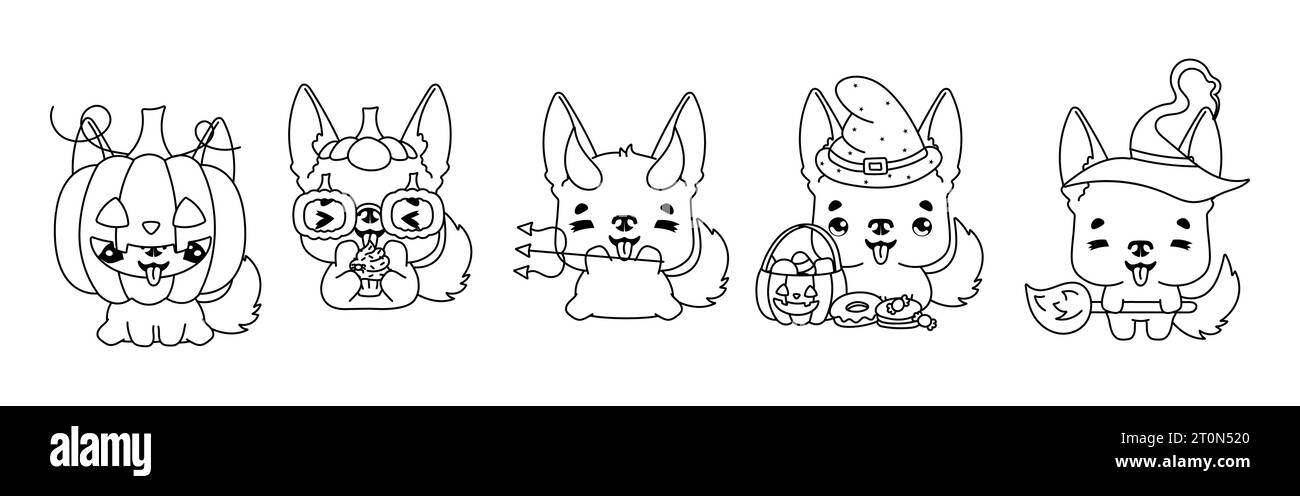 Set von Kawaii Halloween Deutscher Schäferhund Malseite. Sammlung von niedlichen Halloween-Hund Outline Stock Vektor