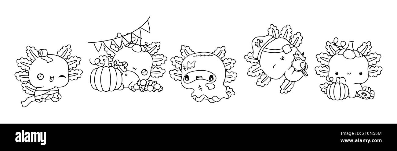 Set von Kawaii Halloween Axolotl Malseite. Sammlung von Vektor Halloween Salamander Outline. Stock Vektor