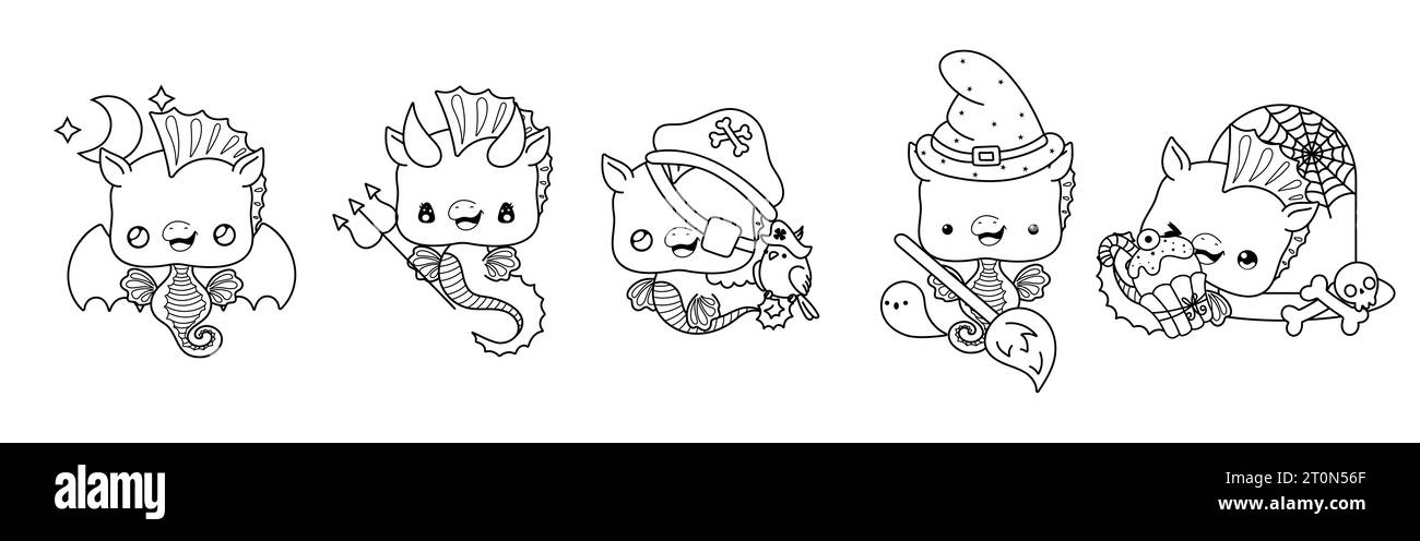Set von Vektor Halloween Tier Malseite. Kollektion von Kawaii Halloween Seahorse Outline. Stock Vektor