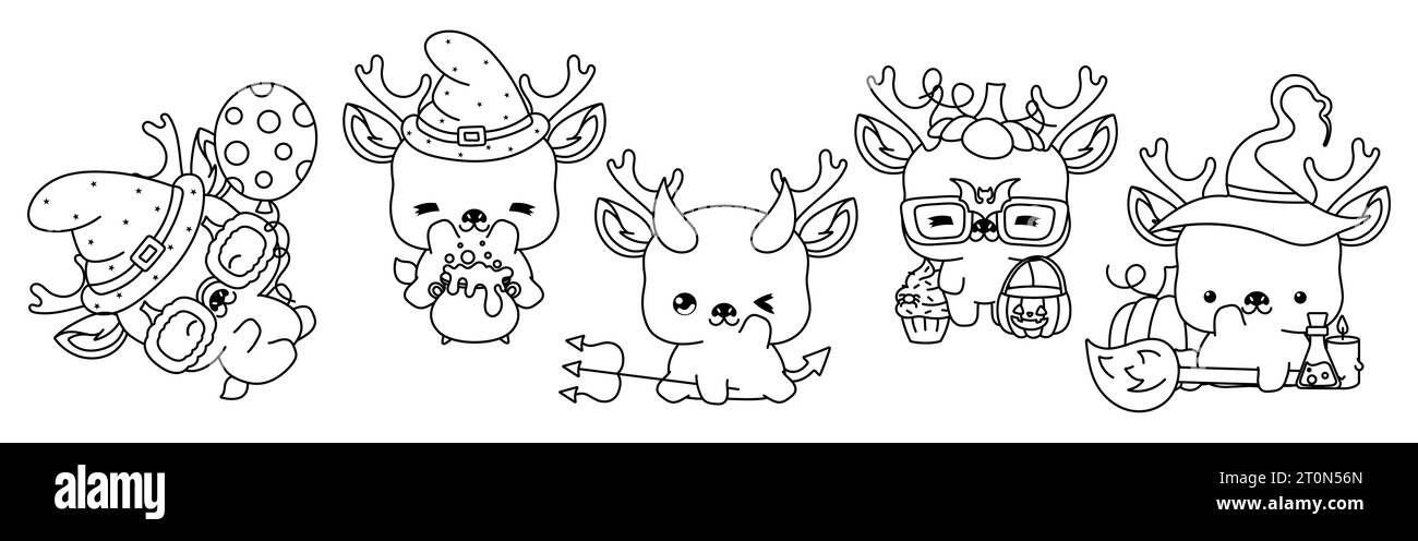 Set von Kawaii Halloween Deer Malseite. Sammlung von Vektor Halloween Forest Animal Outline. Stock Vektor
