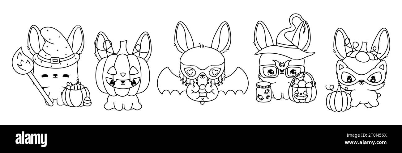 Sammlung von Vektor Halloween Bunny Outline. Set mit isolierter Halloween-Kaninchen-Malseite Stock Vektor
