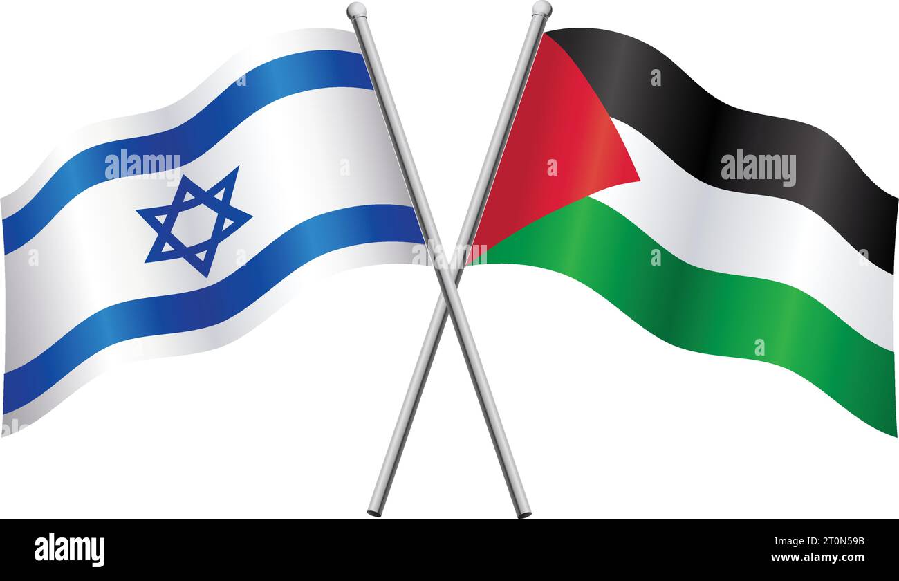 israel und palästina amerikanische Flaggen in Beziehungsallianz oder kontra Konflikt überquerten Fahnenvektor isoliert auf weißem Hintergrund Stock Vektor