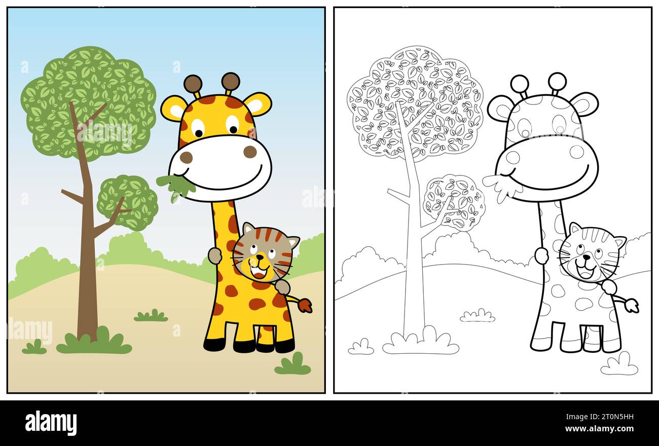 Kleiner Tiger mit Giraffe im Wald, Vektor-Zeichentrickillustration, Malseite oder Buch Stock Vektor