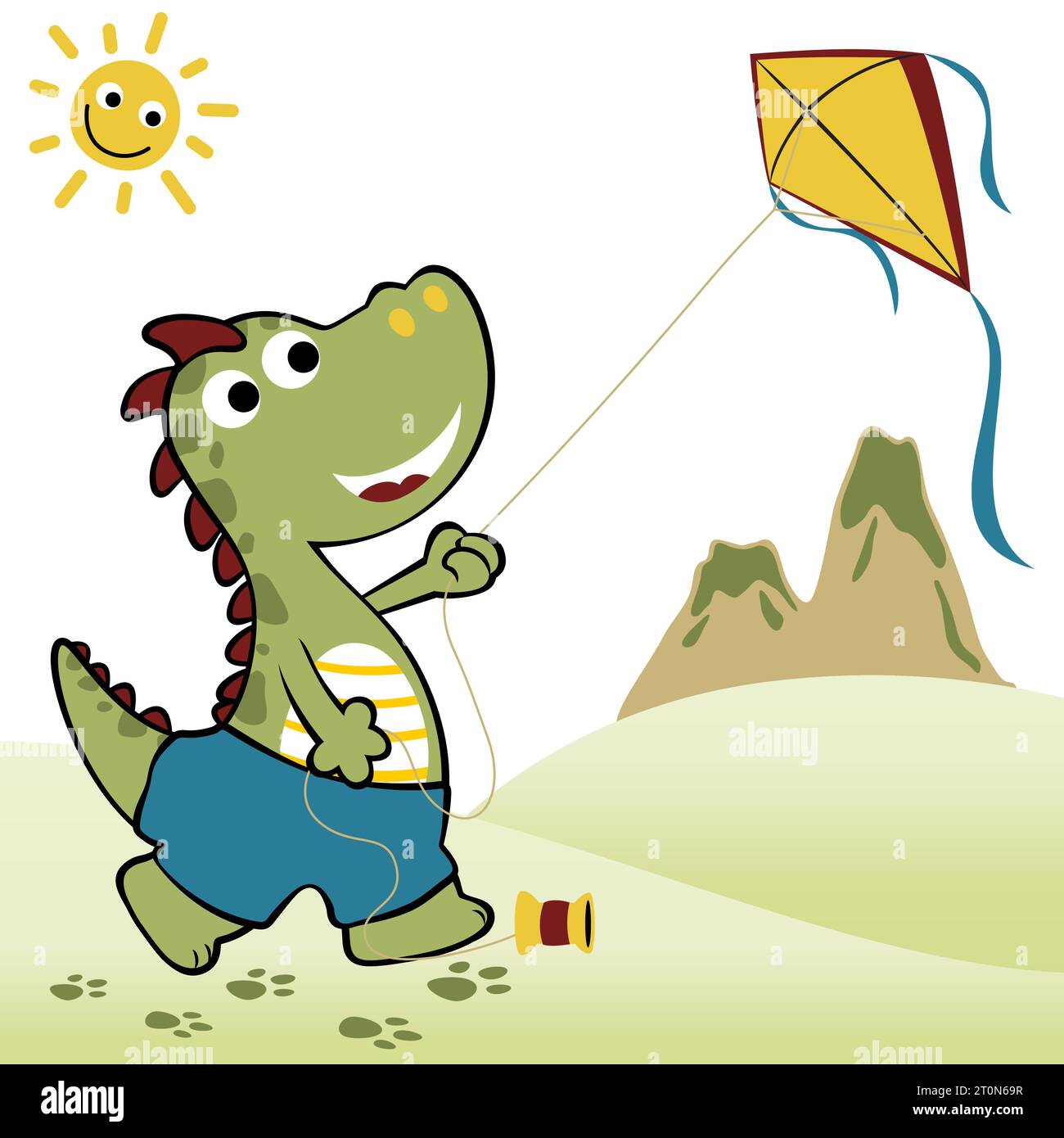Netter Dinosaurier, der Drachen auf Vulkanhintergrund mit lächelnder Sonne spielt, Vektor-Karikaturillustration Stock Vektor