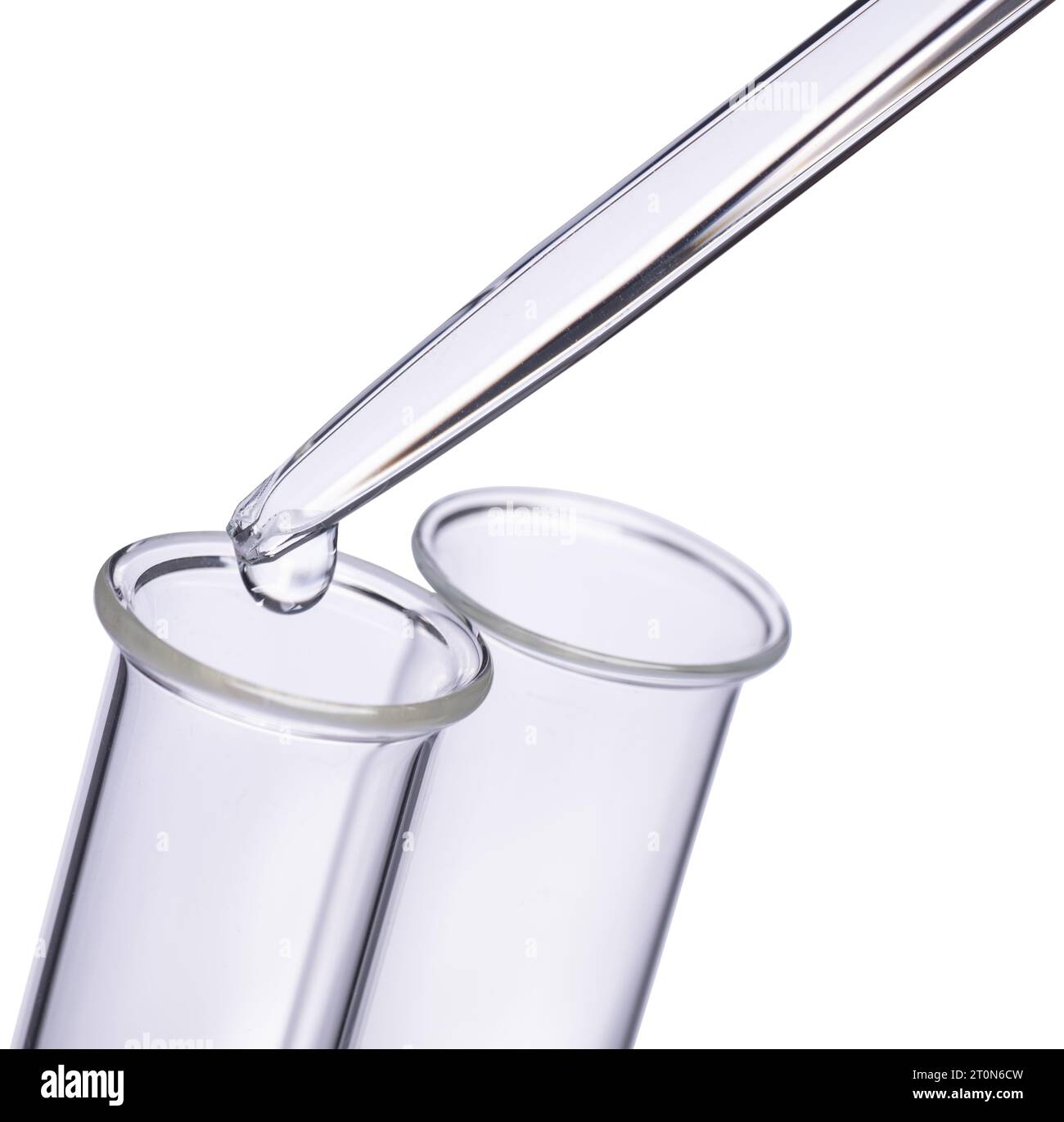 Ein Tropfen Flüssigkeit wird von einer Pipette in ein Reagenzglas fallen gelassen Stockfoto