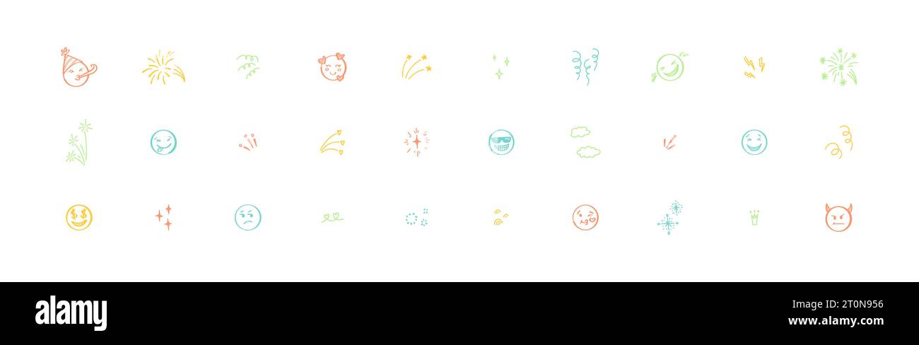 Niedliche Liniendudel Pastellelemente, Sterne, Feuerwerk und Emoticons. Chid und Kinder Party Vektor Illustration. Japanischer Manga-Comic-Stil Stock Vektor