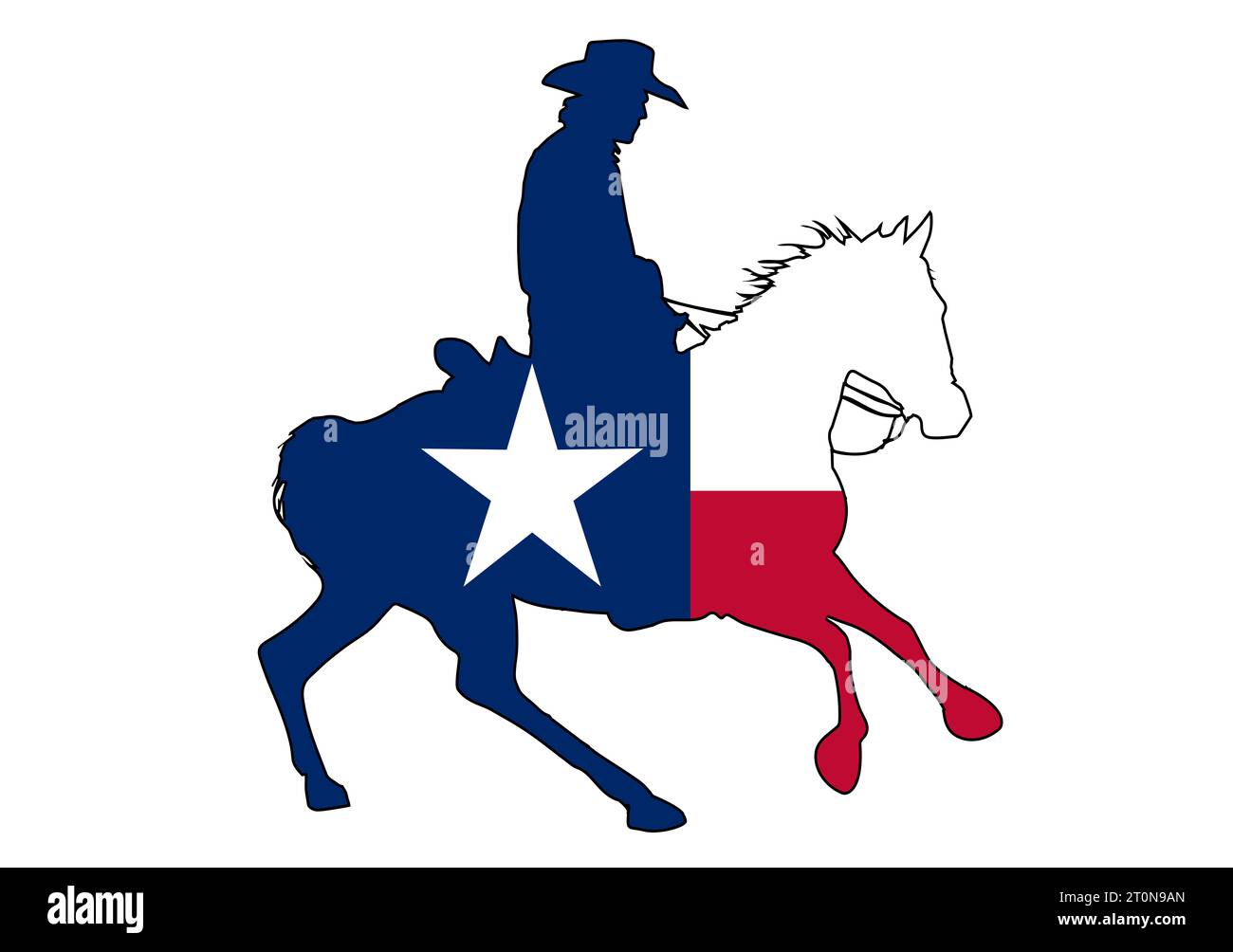 Eine Silhouette eines texanischen Cowboys auf einem Pferd mit eingefasster Staatsflagge Stockfoto