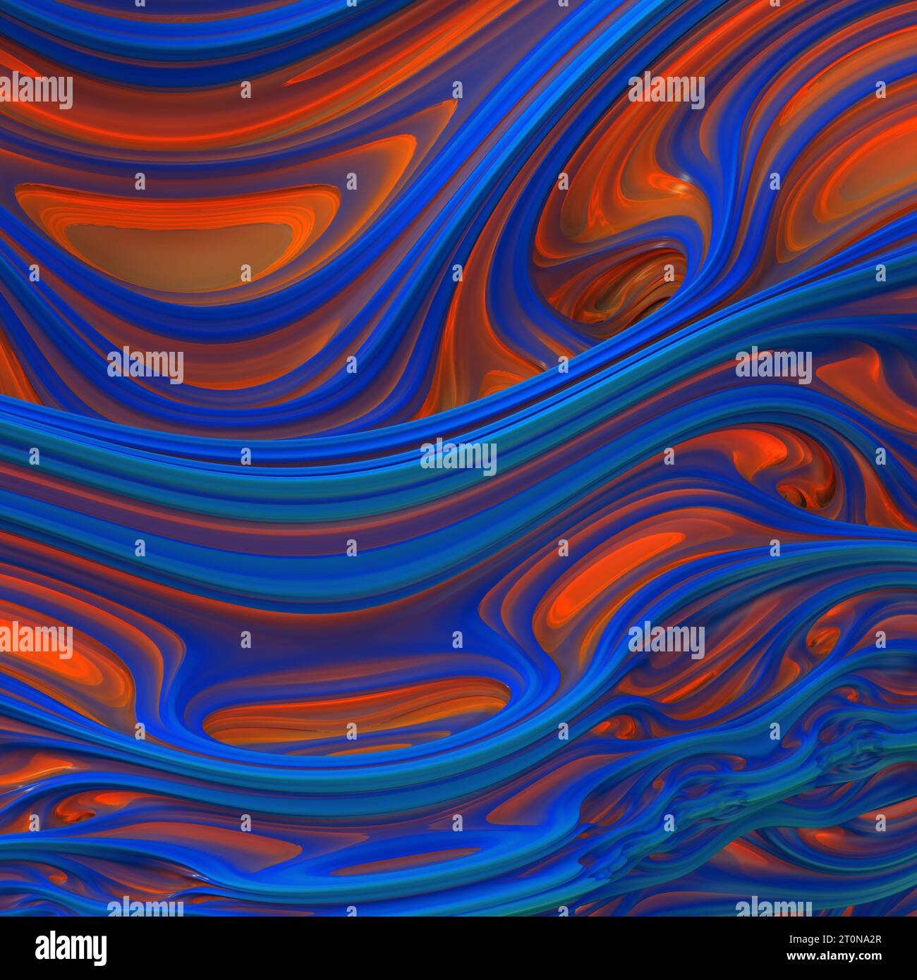 Abstrakte blaue und orangefarbene 3D-Wellen, 3D-Rendering. 3D-Abbildung Stockfoto